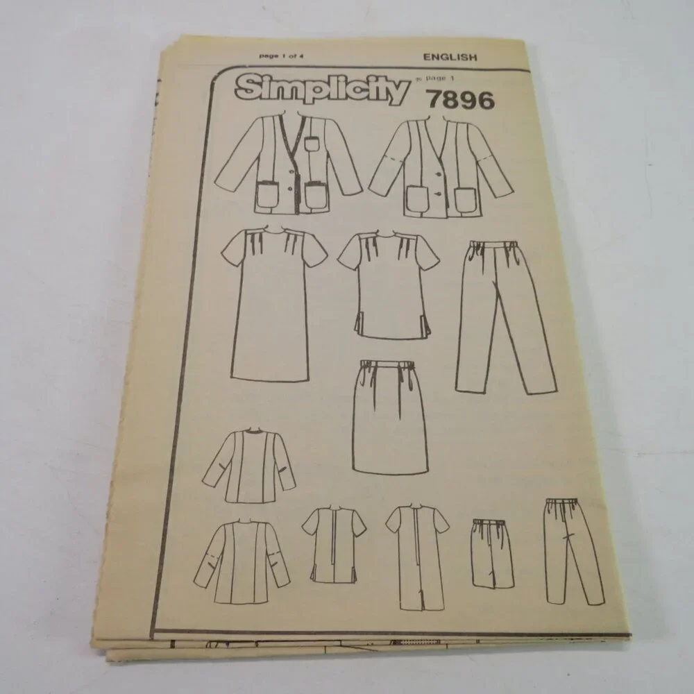 simplicity 7896 sewing pattern dress, jacket, top, pants, skirt